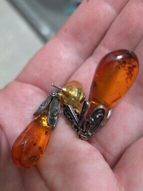 Vintage Amber With Sterling Silver Dangle Earrings with Natural Dominican Amber.